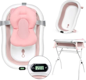 Wanienka składana z termometrem i stelażem + poduszka BATH & CARE Pink